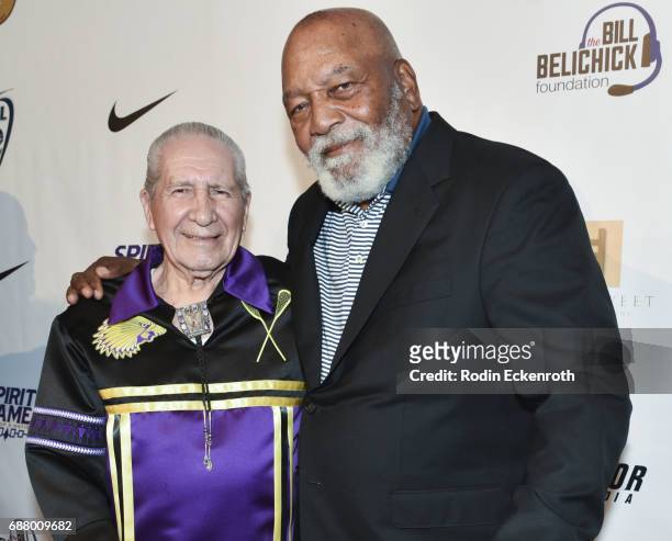 Chief Oren Lyons and former NFL football player Jim Brown arrives at the premiere of "Spirit Game: Pride of A Nation" at Writers Guild Theater on May...