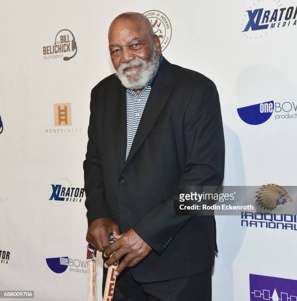 Former NFL Football player Jim Brown arrives at the premiere of "Spirit Game: Pride of A Nation" at Writers Guild Theater on May 24, 2017 in Beverly...
