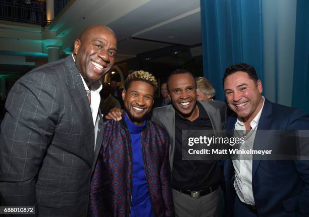 Magic Johnson, Usher, Sugar Ray Leonard, and Oscar De La Hoya attend the B. Riley & Co. 8th Annual "Big Fighters, Big Cause" Charity Boxing Night...