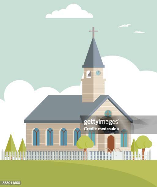 illustrazioni stock, clip art, cartoni animati e icone di tendenza di chiesa - torre con guglia