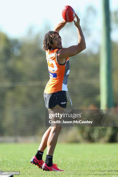 Tendai M'Zungu of the Giants in action during a Greater Western Sydney Giants AFL training session at Sydney Olympic Park Sports Centre on May 25,...