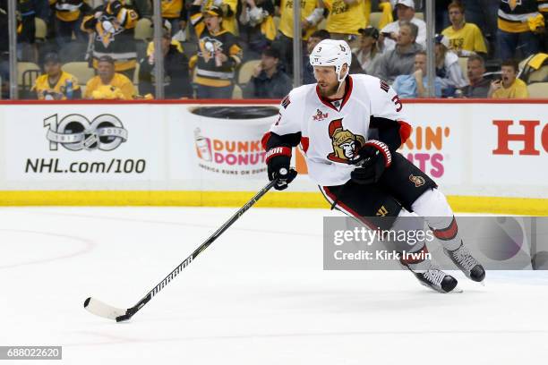 Marc Methot of the Ottawa Senators controls the puck in Game Five of the Eastern Conference Final during the 2017 NHL Stanley Cup Playoffs against...