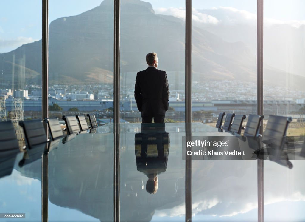 Portrait of male CEO in big corner office, looking out of window