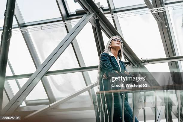 woman with long grey hair standing in a loft - skylight stock pictures, royalty-free photos & images