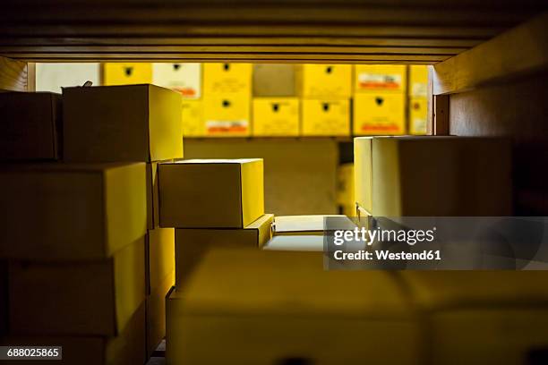 warehouse with shoe boxes - shoes box stock-fotos und bilder