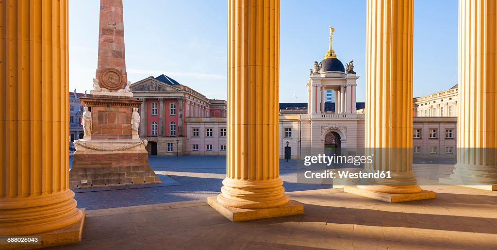 Germany, Potsdam, view to obelisk and City Palace with Fortuna Portal from St. Nicholas Church