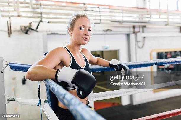 portrait of female boxer in boxing ring - boxring stock-fotos und bilder