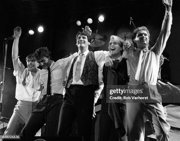 Spandau Ballet, group shot on stage at Veronica's Rocknight, Ahoy, Rotterdam, Netherlands, 30th September 1983. L-R John Keeble, Martin Kemp, Tony...