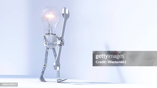 bulb manikin carrying wrench - light bulb on white stock illustrations