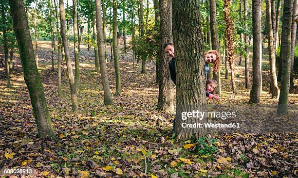 parents and little daughter hiding together behind tree trunk - se cacher photos et images de collection