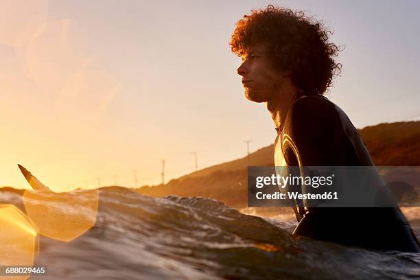 surfer in the sea at sunset - curly waves stock pictures, royalty-free photos & images