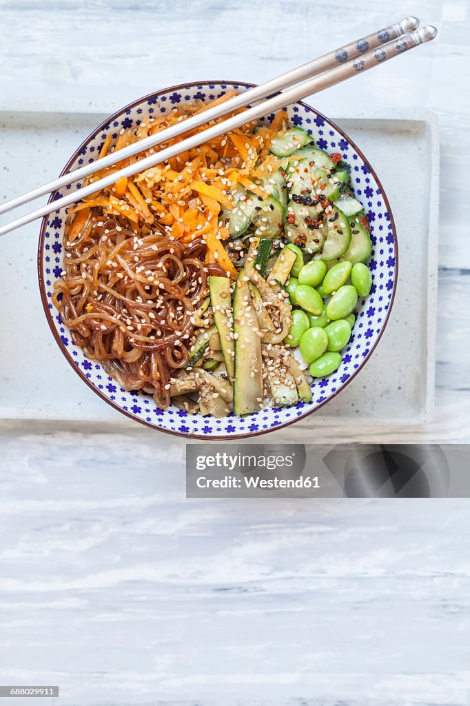 Buddha bowl of Edamame, cucumber, carrots, courgettes, Shirataki noodles and sesame
