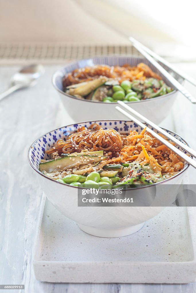 Buddha bowl of Edamame, cucumber, carrots, courgettes, Shirataki noodles and sesame
