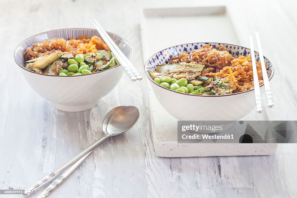 Buddha bowls of Edamame, cucumber, carrots, courgettes, Shirataki noodles and sesame