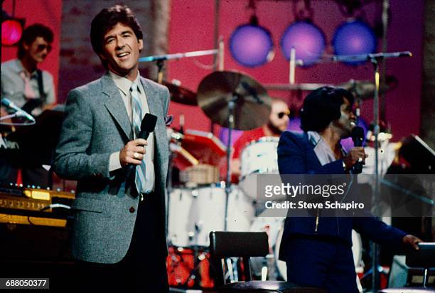 Actor and television personality Alan Thicke hosts his show 'Thicke of the Night,' with musical guest James Brown, Los Angeles, California, 1983.