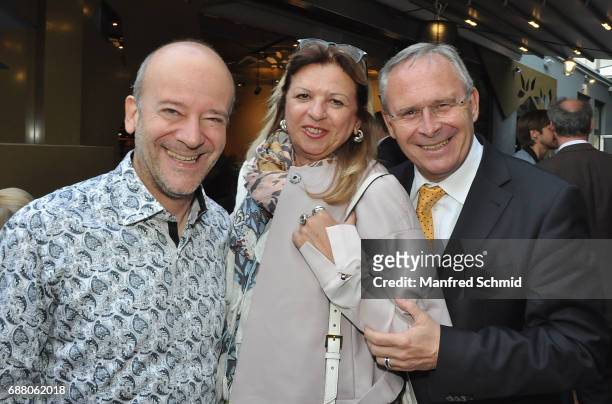 Andy Lee Lang, Angelika Puerstl and Gerhard Puerstl pose during the 'Die Allee zum Genuss' restaurant opening party on May 24, 2017 in Vienna,...