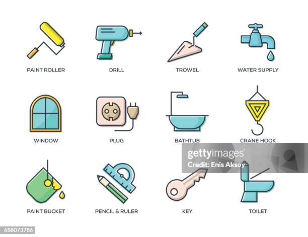 construction line icon set - window installation stock illustrations