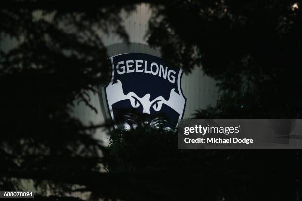 The Geelong Cats logo is seen during the round ten AFL match between the Geelong Cats and the Port Adelaide Power at Simonds Stadium on May 25, 2017...