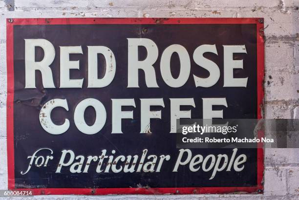 Balzac's Coffee Roasters interior details. Old Red Rose Coffee sign decorating the shop interior. The coffee shop is located in the Distillery...