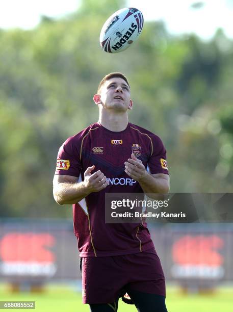 Jacob Lillyman keeps his eye on the ball during a Queensland Maroons State of Origin training session at InterContinental Sanctuary Cove Resort...