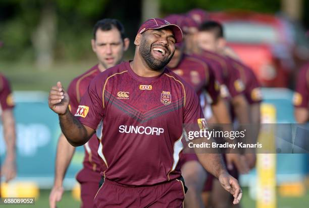 Sam Thaiday has a laugh during a Queensland Maroons State of Origin training session at InterContinental Sanctuary Cove Resort Training Field on May...