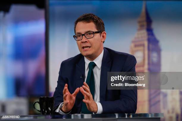 Ben Page, chief executive officer of Ipsos MORI, gestures while speaking during a Bloomberg Television interview in London, U.K., on Thursday, May...