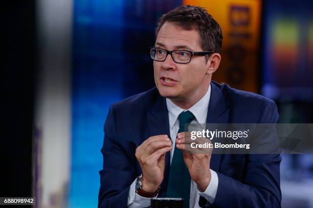 Ben Page, chief executive officer of Ipsos MORI, gestures while speaking during a Bloomberg Television interview in London, U.K., on Thursday, May...