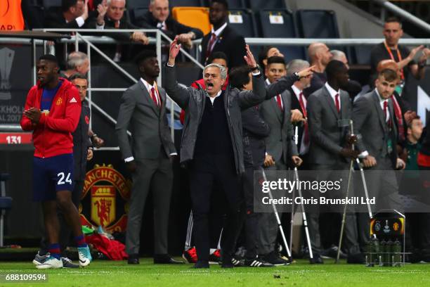 Manchester United manager Jose Mourinho celebrates on the touchline during the UEFA Europa League Final match between Ajax and Manchester United at...