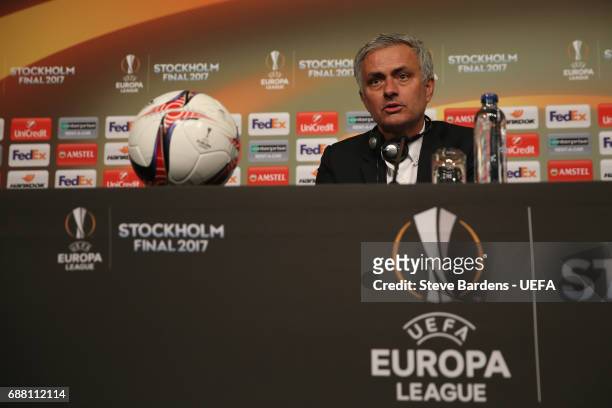 Jose Mourinho, Manager of Manchester United talks to the media during a press conference after the UEFA Europa League Final between Ajax and...