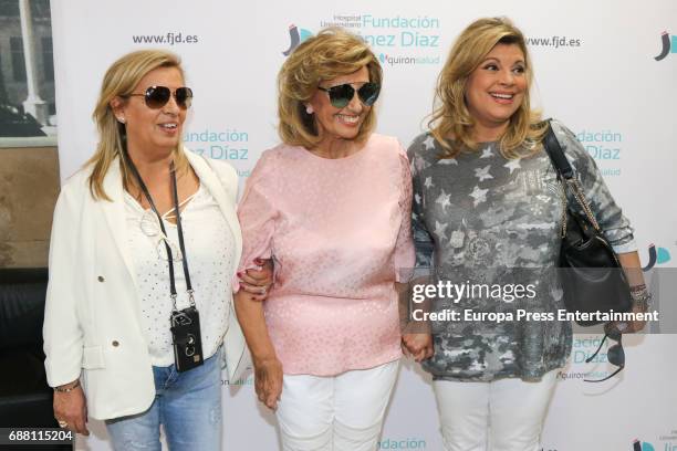 Maria Teresa Campos, accompanied by her daughters Terelu Campos and Carmen Borrego leaves hospital after suffering an ictus on May 24, 2017 in...