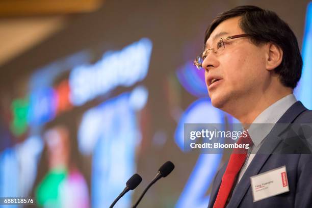 Yang Yuanqing, chairman and chief executive officer of Lenovo Group Ltd., speaks during a news conference in Hong Kong, China, on Thursday, May 25,...