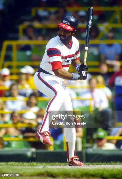 Harold Baines of the Chicago White Sox looks on during an MLB game at Comiskey Park in Chicago, Illinois. Baines played for the White Sox from...