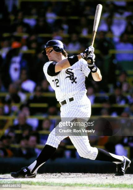 Baseball Hall of Fame catcher Carlton Fisk of the Chicago White Sox bats during an MLB game at Comiskey Park in Chicago, Illinois. Fisk played for...