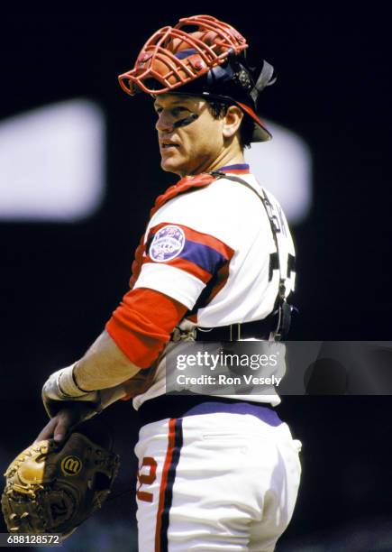 Baseball Hall of Fame catcher Carlton Fisk of the Chicago White Sox catches during an MLB game at Comiskey Park in Chicago, Illinois. Fisk played for...