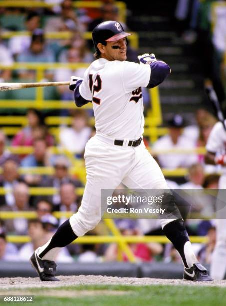 Baseball Hall of Fame catcher Carlton Fisk of the Chicago White Sox bats during an MLB game at Comiskey Park in Chicago, Illinois. Fisk played for...