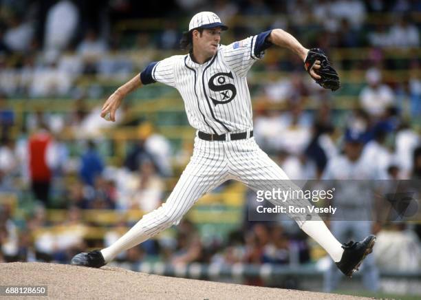 Jack McDowell of the Chicago White Sox pitches during the first "Turn Back the Clock" game against the Milwaukee Brewers at Comiskey Park in Chicago,...