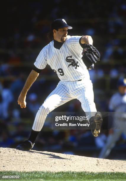 Jack McDowell of the Chicago White Sox pitches during the last game at old Comiskey Park in Chicago, Illinois on September 30, 1990. McDowell played...