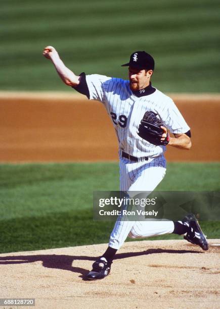 Jack McDowell of the Chicago White Sox pitches during an MLB game at new Comiskey Park in Chicago, Illinois. McDowell played for the White Sox from...