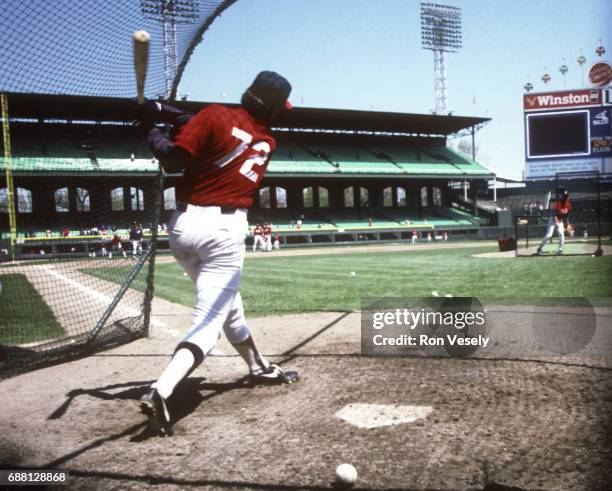 Carlton Fisk of the Chicago White Sox takes batting practice prior to an MLB game in April 1987. Fisk played for the White Sox from 1980 through 1993.