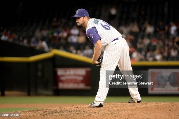 Hoover of the Arizona Diamondbacks prepares to deliver a pitch in the ninth inning against the San Diego Padres at Chase Field on April 27, 2017 in...