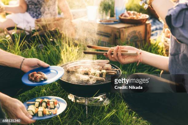 piatto pieno di cibo alla griglia, barbecue con gli amici - barbecue cibo foto e immagini stock