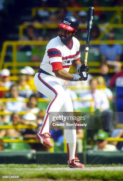 Harold Baines of the Chicago White Sox looks on during an MLB game at Comiskey Park in Chicago, Illinois. Baines played for the White Sox from...