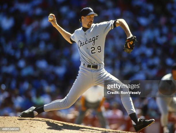 Jack McDowell of the Chicago White Sox pitches during an MLB game at County Stadium in Milwaukee, Wisconsin. McDowell played for the White Sox from...