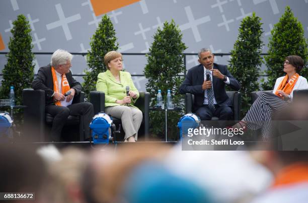 German Chancellor Angela Merkel and former President of the United States of America Barack Obama discuss democracy at Church Congress on May 25,...