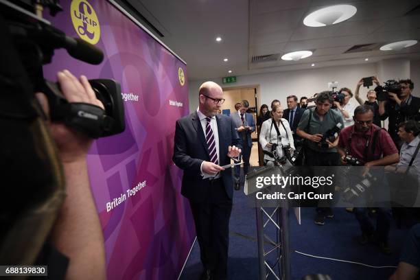 Leader Paul Nuttall speaks at the launch of his party's manifesto launch ahead of the general election, on May 25, 2017 in London, England. Among...