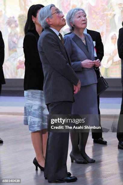 Emperor Akihito and Empress Michiko visit the Alfons Mucha exhibition at the National Art Center, Tokyo on May 25, 2017 in Tokyo, Japan.