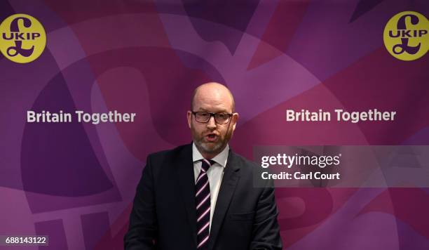 Leader Paul Nuttall speaks at the launch of his party's manifesto launch ahead of the general election, on May 25, 2017 in London, England. Among...