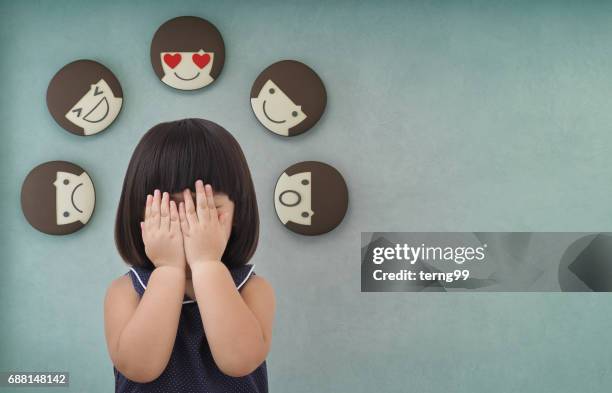 Asian child girl with green concrete wall background, Feelings and emotions of kid