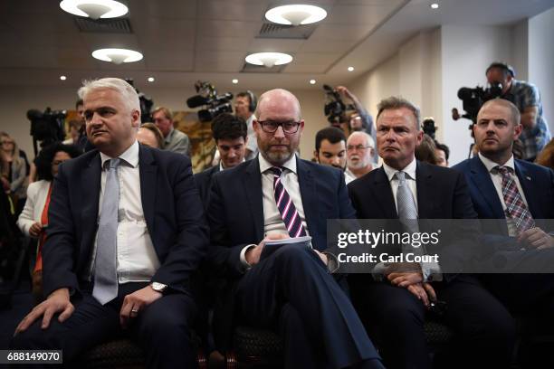 Leader Paul Nuttall sits with MEP, Patrick O'Flynn and deputy leader Peter Whittle during the launch of his party's manifesto ahead of the general...
