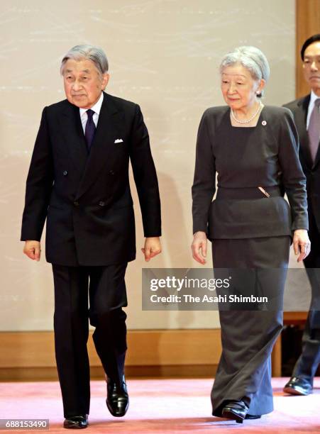 Emperor Akihito and Empress Michiko meet contributing members of the Japanese Red Cross Society at the Imperial Palace on May 25, 2017 in Tokyo,...